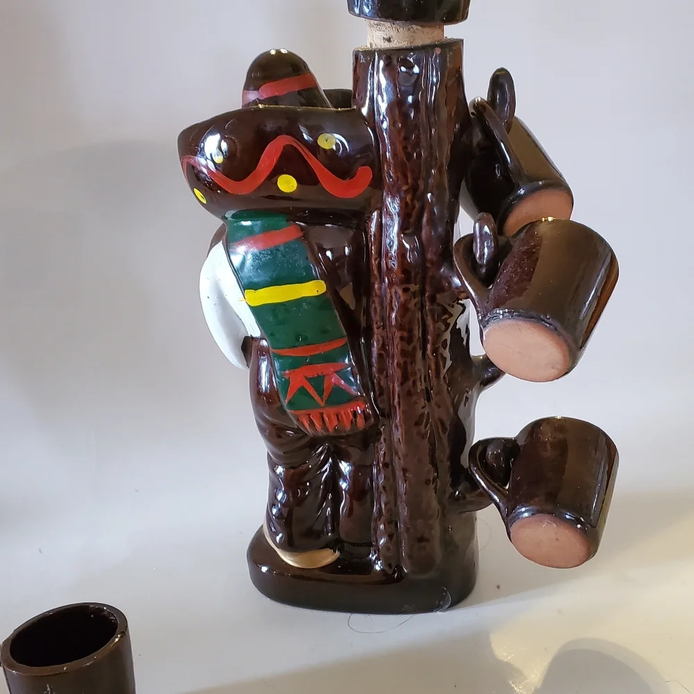Vintage MCM Mariachi Man Tequila Decanter with Cactus 4 Cups Fun Barware